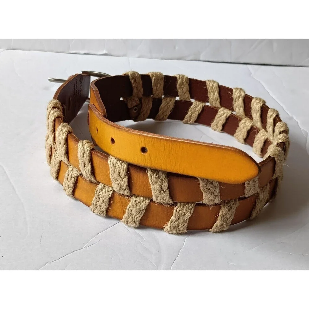 Linea Pelle Large Tan Leather Belt Silver Bohemian Eclectic Contemporary